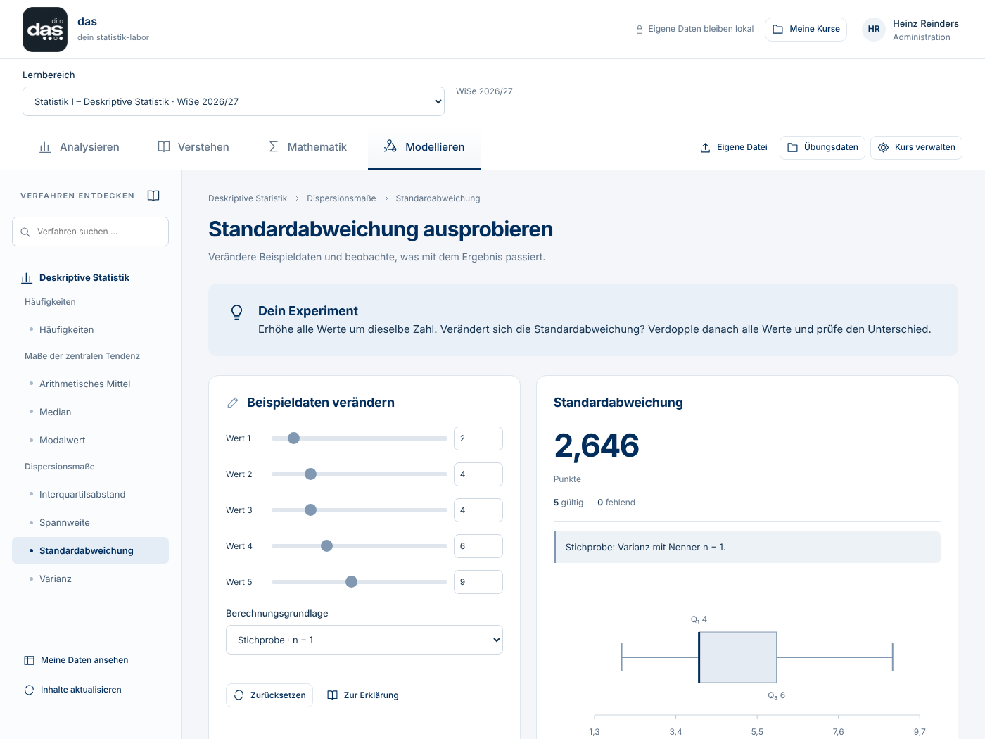 Bereich Modellieren: fünf Schieberegler für Beispieldaten, daneben die Standardabweichung 2,646 mit Boxplot