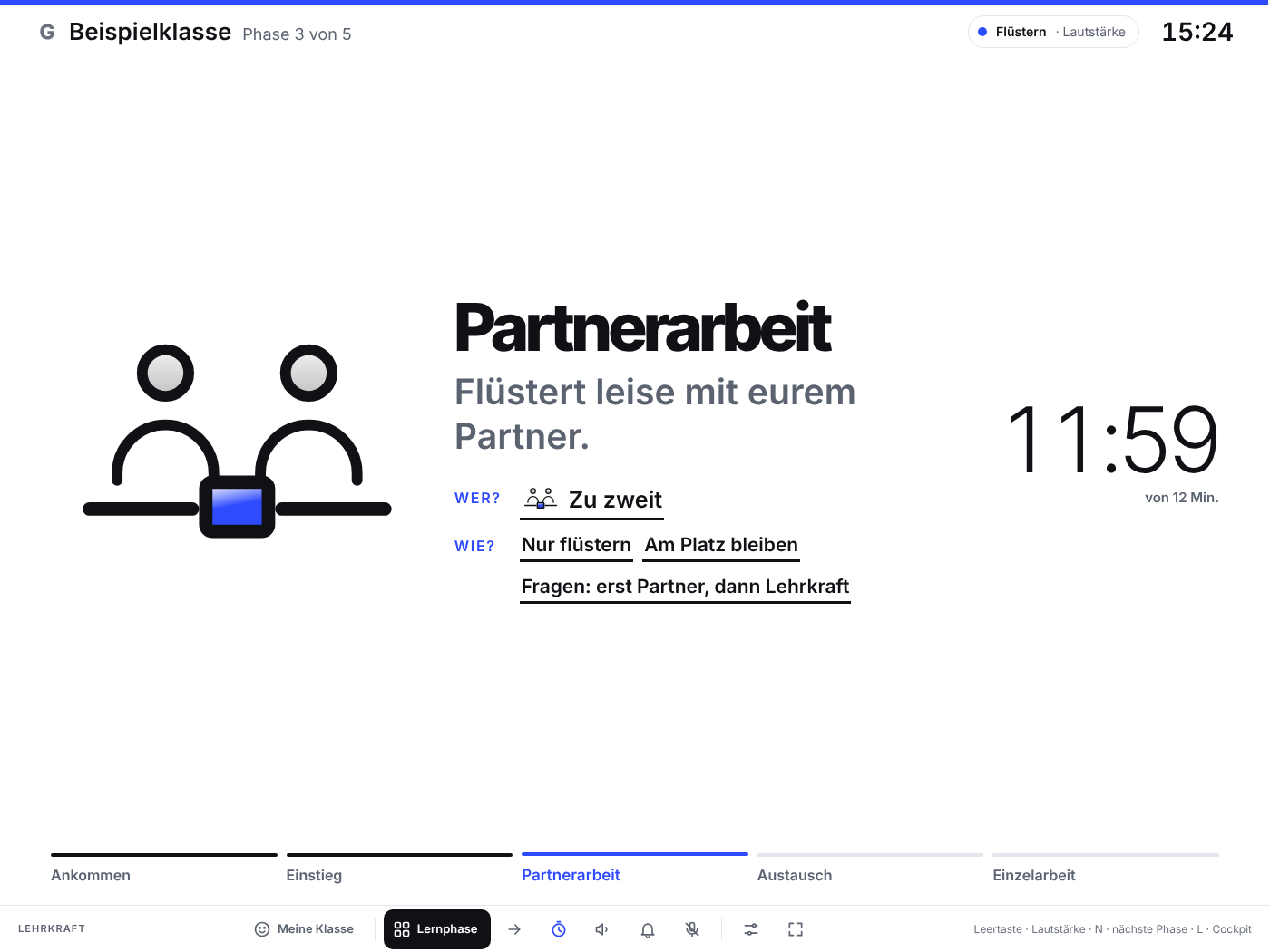 Lernphase „Partnerarbeit“ im Design Studio: weißer Hintergrund, große Typografie, Stundenverlauf als Leiste unten