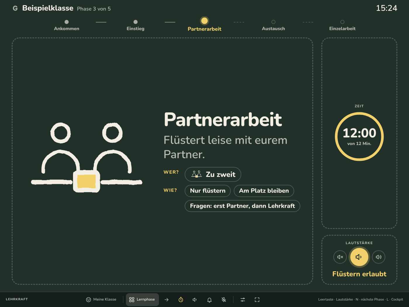 Lernphase „Partnerarbeit“ im Design Tafel: weiße Kreidelinien auf dunkelgrünem Grund, Timer und Lautstärke rechts