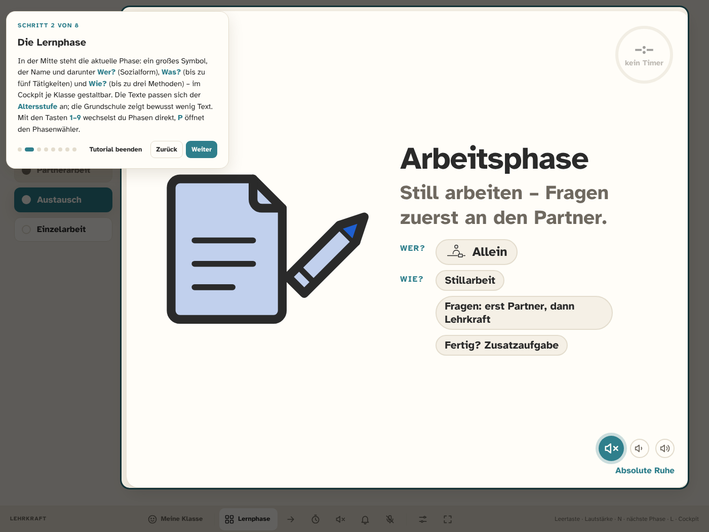 Die Tour beim ersten Start erklärt Schritt für Schritt die Bereiche der App, hier die Lernphase